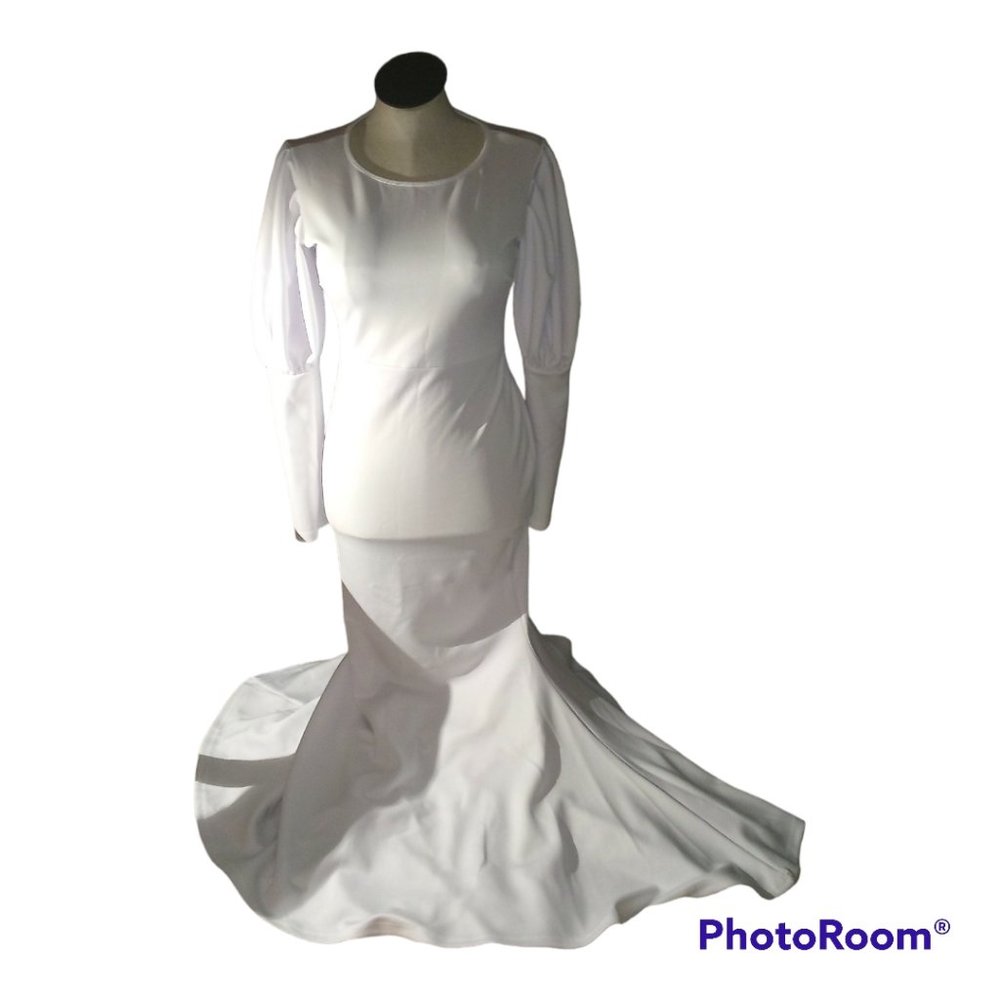 long Modest minimalist Wedding dress with Bell sleeves